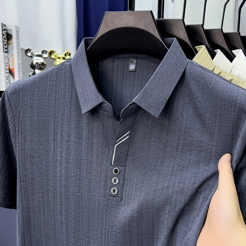 Men's Vertical-Stripe Polo - Soft Breathable, Three-Button Lapel