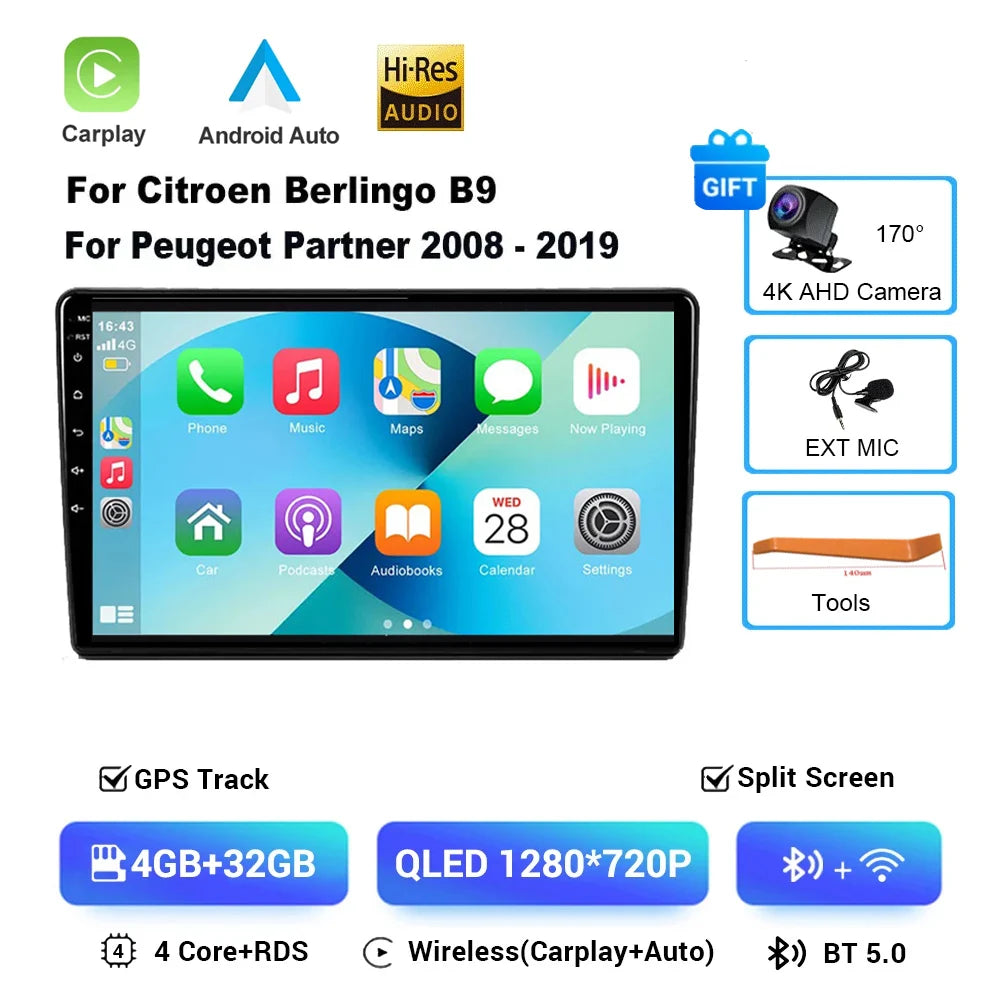 Android 16 Car Radio 4G+WIFI Carplay For Citroen Berlingo For Peugeot Partner 2008 - 2019 Navigation GPS Car Multimedia Player