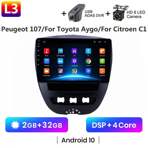 Android 10 2 Din Car Multimedia Player For Peugeot 107 Toyota Aygo Citroen C1 2005-2014 Head Unit Stereo GPS Navigation BT WIFI