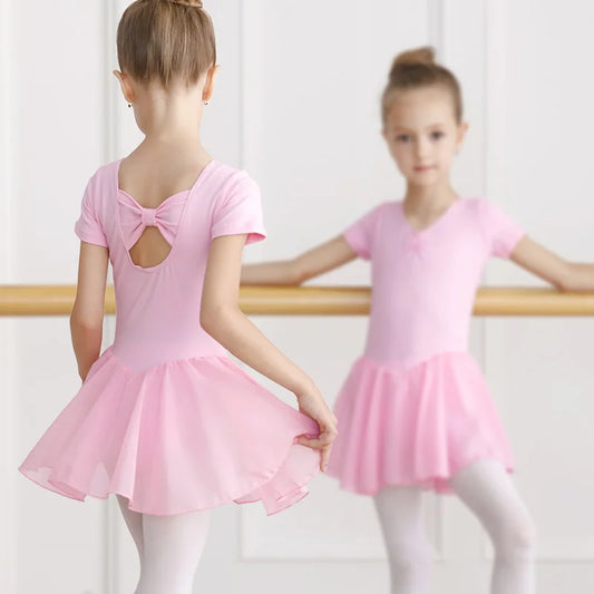 Girls Ballet Leotard with Chiffon Tulle Skirt - Bow Lyrical Dance Dress
