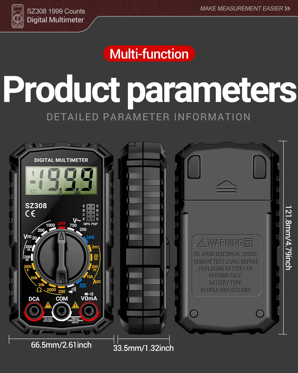 Digital MultimeterAC/DC Current Voltage Resistance Meter Meter Electrician LCD Backlight Ohm Square Wave Test tools ANENG SZ308