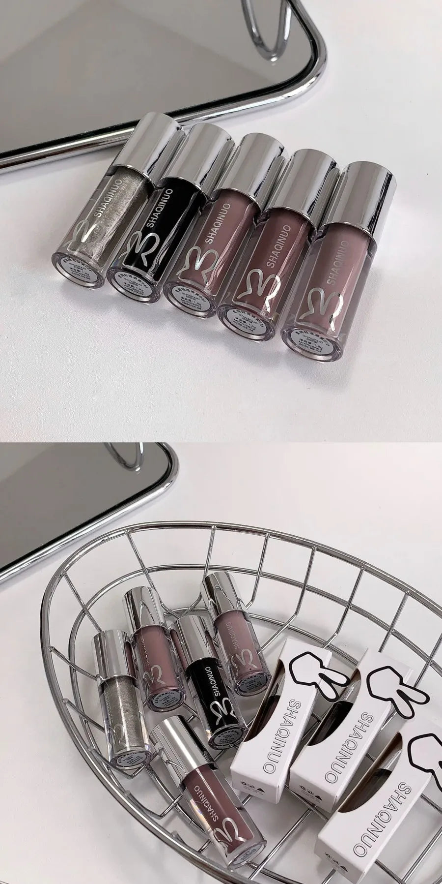 SHAQINUO Water Light Mirror Lip Gloss Lasting Moisturizing Cool Black Silver Gray Pearlescent Fine Sparkling Lipstick Lip Oil