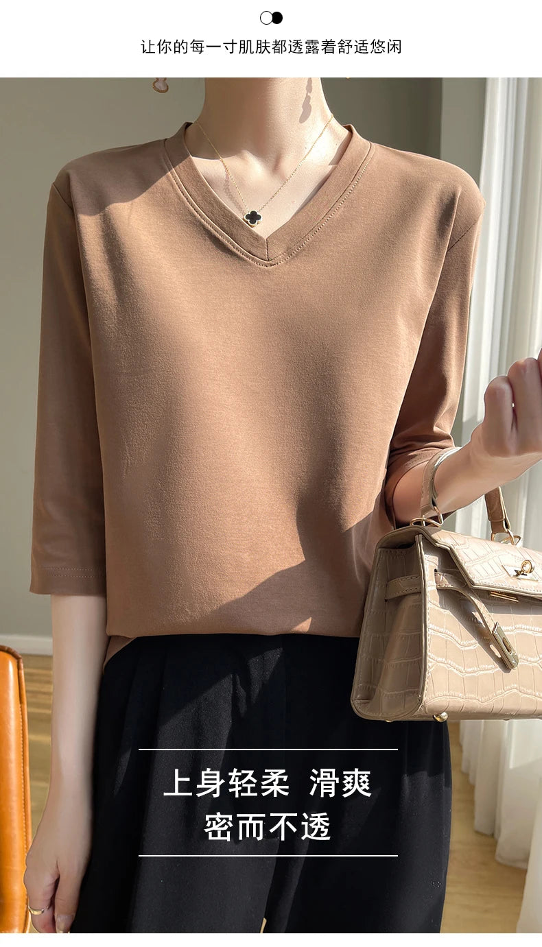 Spring And Summer New Cotton V-neck T-shirt Short-Sleeved Women's Half-Sleeve Bottoming Shirt High-End Cropped Sleeve Top