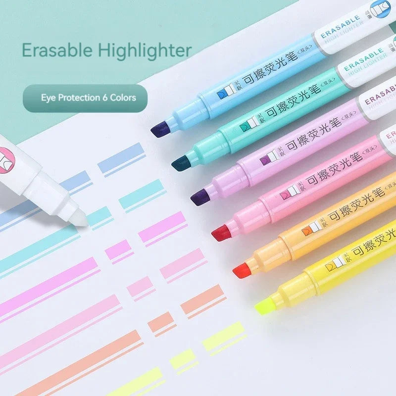 6pcs Erasable Highlighters Pastel Markers Dual Tip Fluorescent Pen for Art Drawing Doodling Marking School Office Stationery