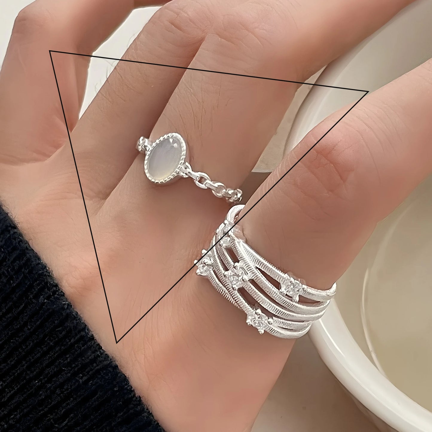 PANJBJ 925 Sterling Silver Hollow Out Rings For Women Three Layered Cross Punk Irregular Vintage Jewelry Gift Dropshipping