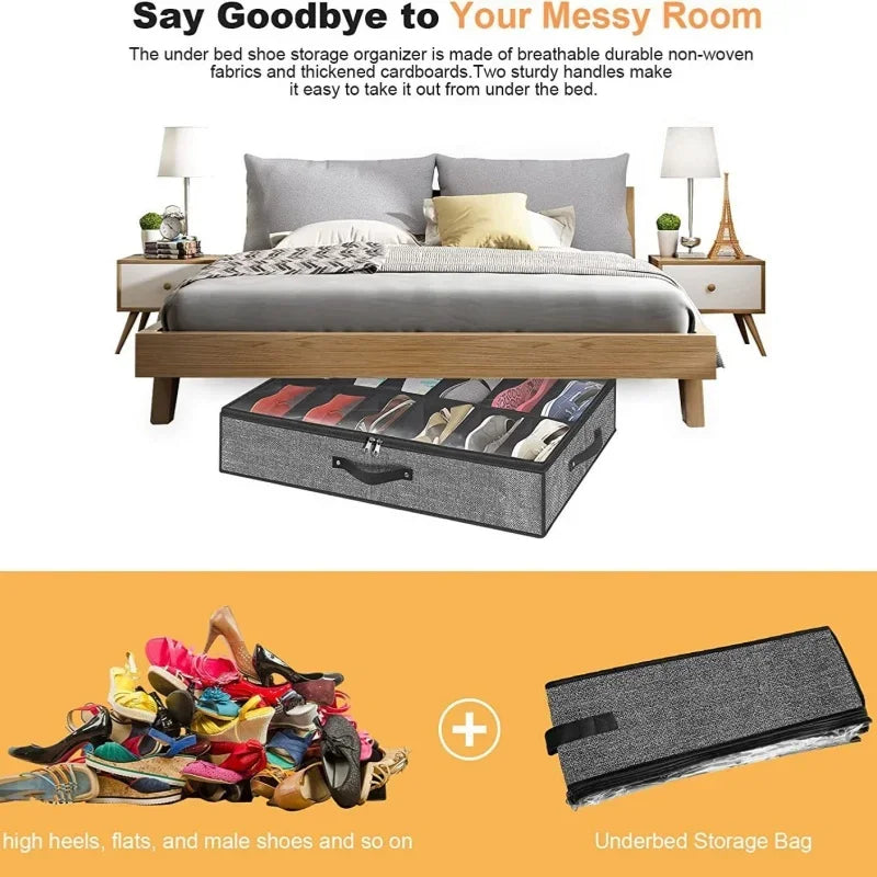 Under Bed Shoe Storage Organizer Fits 12 Pair Sneakers, Sturdy Structure Ultra Thick Fabic Sneaker Storage, Foldable Shoe Boxes