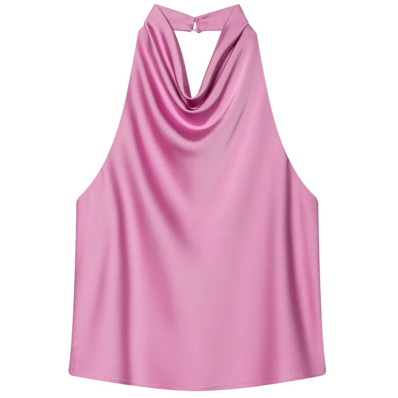 Women's Satin Halter Crop Top — Off-Shoulder Backless Sleeveless Cami