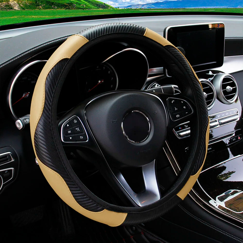 Carbon Fiber PU Leather Steering Wheel Cover – Universal Fit 14.5–15 Inch | Anti-Slip Car Interior Accessory
