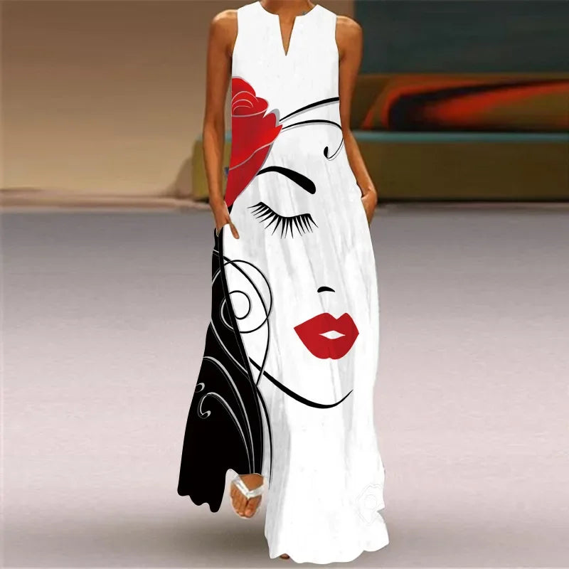 Women's Sleeveless V-Neck Maxi Dress — Vintage Print Loose Sundress with Pockets (Plus Size)