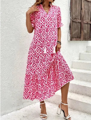 Women's Boho Maxi Dress – Casual V-Neck Drawstring Long-Sleeve Printed Bohemian Dress