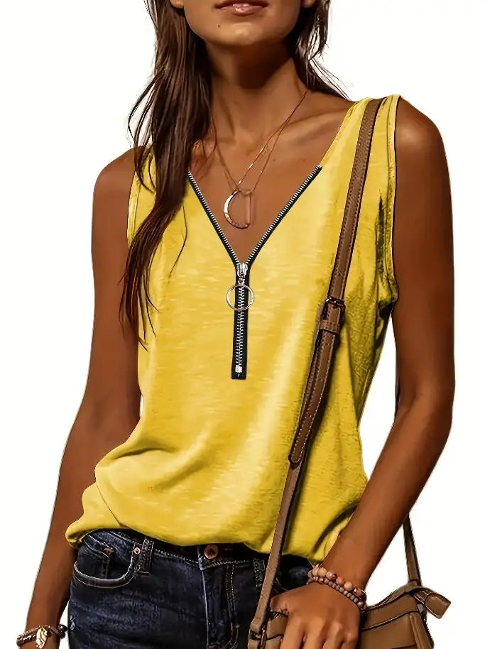 Versatile Women's V-Neck Half-Zip Tank Top - Casual All-Season Wear with Durable Stretch Fabric