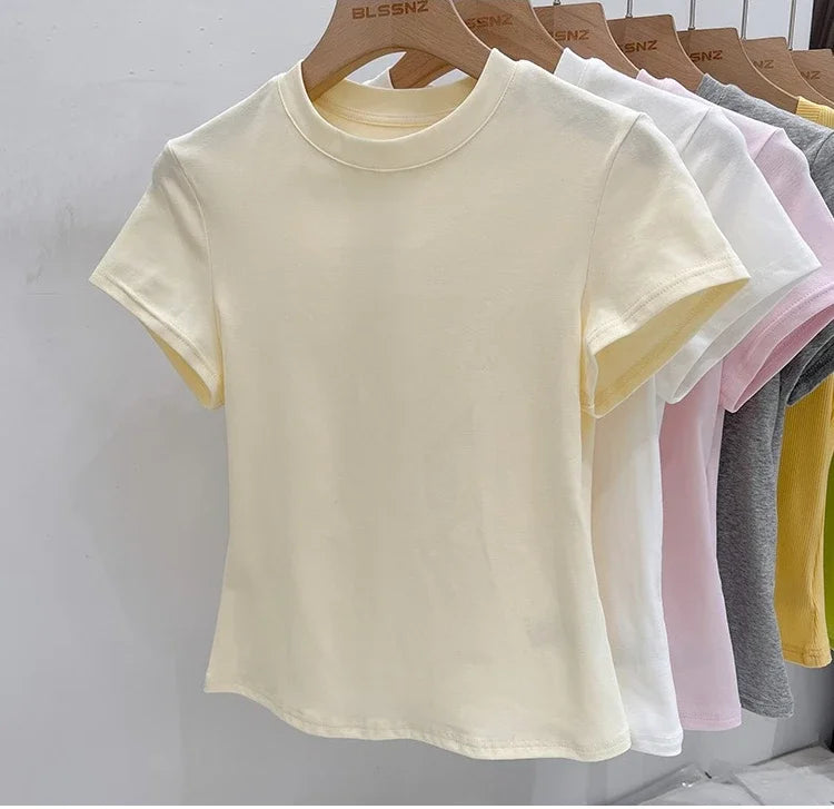 Zjaiss 2026 O-Neck Fashion T-Shirt Summer Sexy Basic Top Solid Short Sleeve Womens Tshirt Casual Korean Tee Streetwear