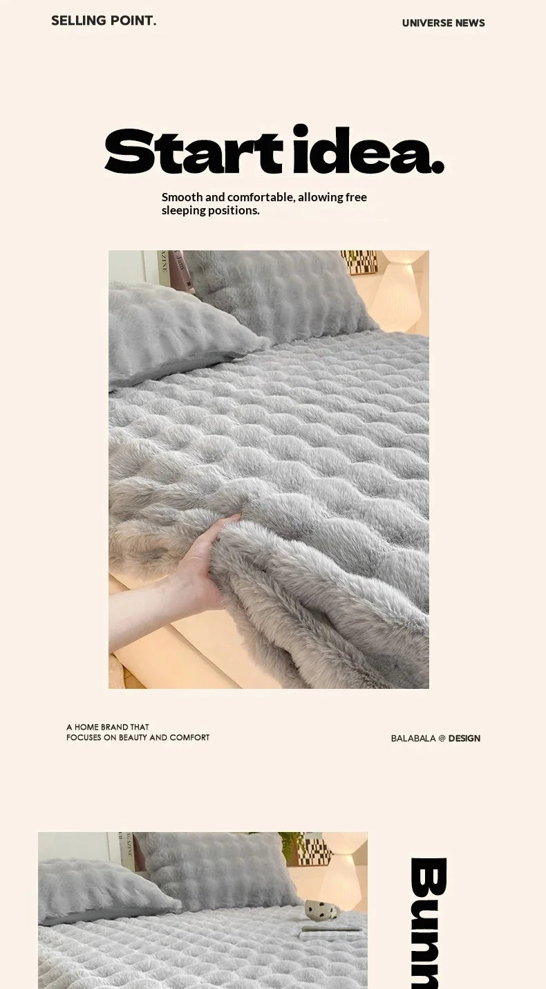 Fluffy Plush Fitted Bed Sheet for Winter Solid Color Rabbit Fleece Bed Sheets on Elastic Winter Warm Thicken Mattress Protector