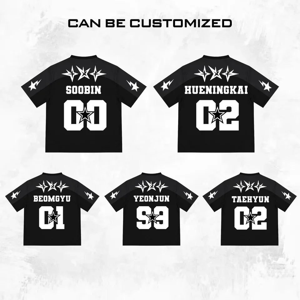 Bandai TXT Jersey Style T-shirt, Black Star Printed Streetwear, Neutral Casual Short Sleeved T-shirt Suitable for K-pop Fans