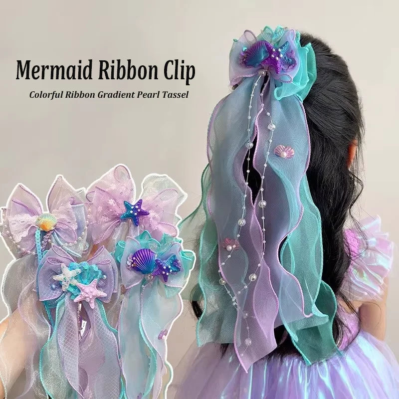 Mermaid Long Ribbon Pearl Hair Clip for Kids Cute Daily Wear Ponytail Clip Fashion Girl Photograph Haripin Hair Accessories