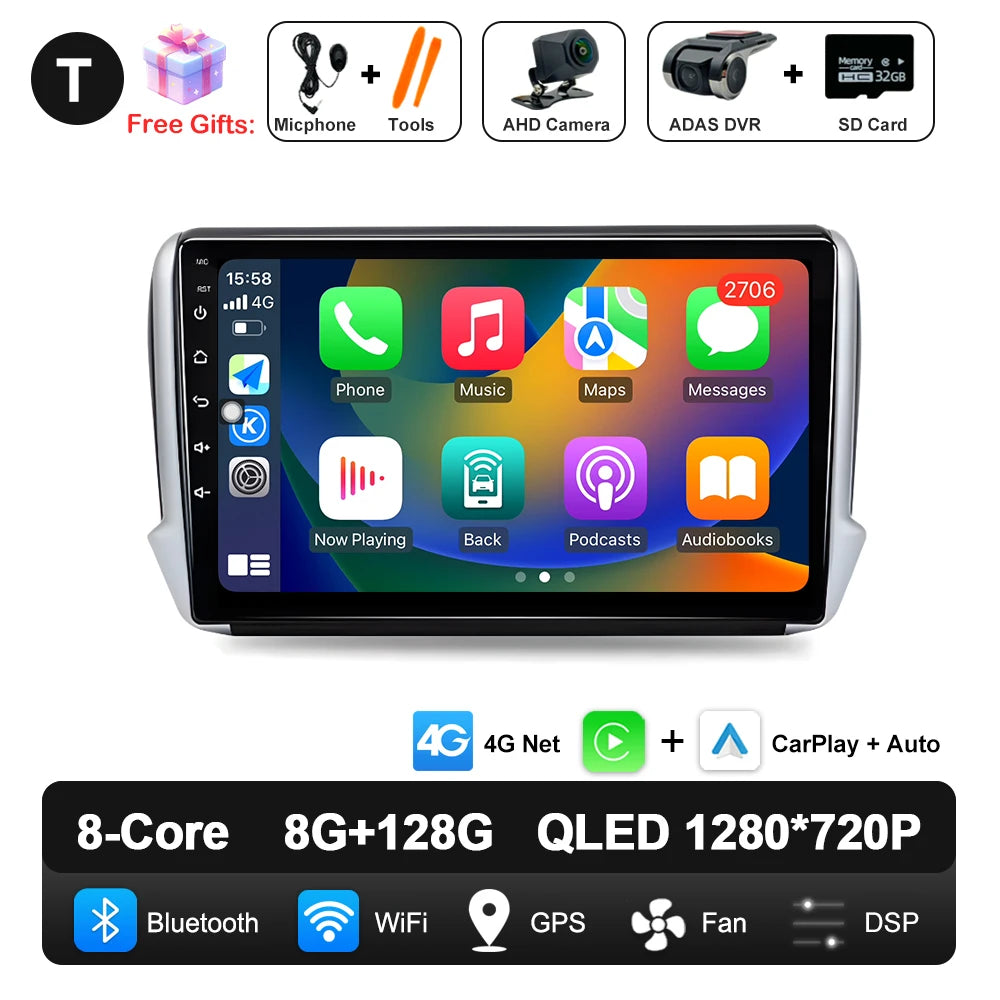 Car Stereo with Apple CarPlay & Android Auto, Compatible with Peugeot 2008 & 208 (2012-2018)