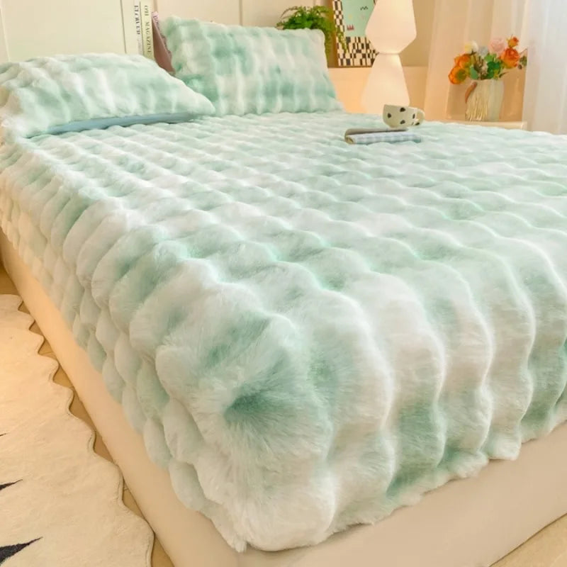 Fluffy Plush Fitted Bed Sheet for Winter Solid Color Rabbit Fleece Bed Sheets on Elastic Winter Warm Thicken Mattress Protector