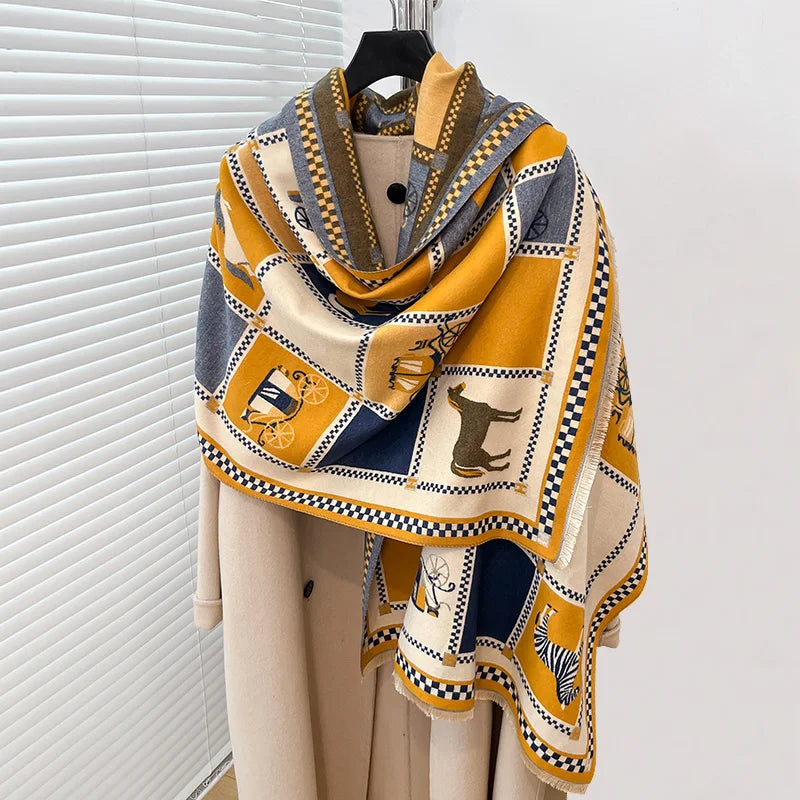 Women's Horse Print Poncho Shawl Wrap, Thick Winter Scarf