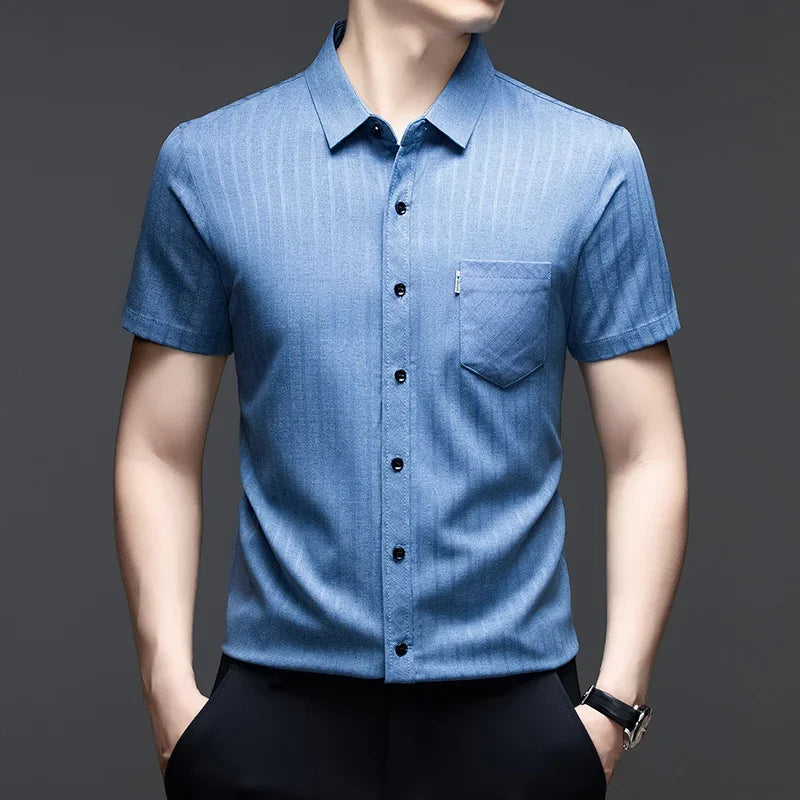 Men's Striped Short-Sleeve Shirt - Button-Down Collar, Chest Pocket