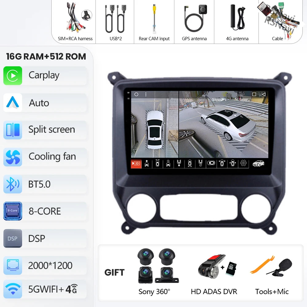 Android 16 Carplay Auto Car Radio Multimedia Player For Chevrolet Silverado 3 GMTK2 2013 - 2019 E53 X5 M5 Wireless BT Snapdragon