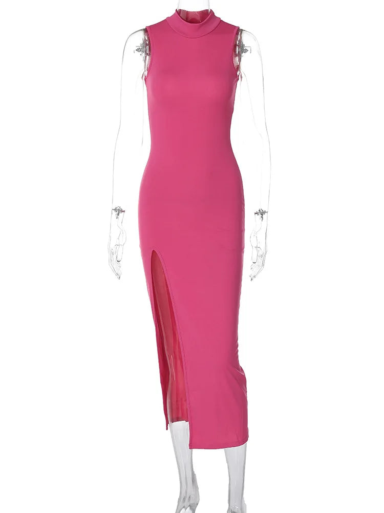New Women's Black Sleeveless High Neck Slit Skirt Sexy Dress For Women Club Party Dresses Skinny Fashion Summer Tank Dresses