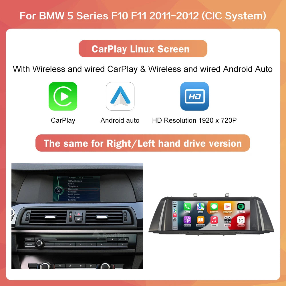 Wireless CarPlay & Android Auto Display Screen, Compatible with BMW 5 Series F10 F11 (CIC/NBT)