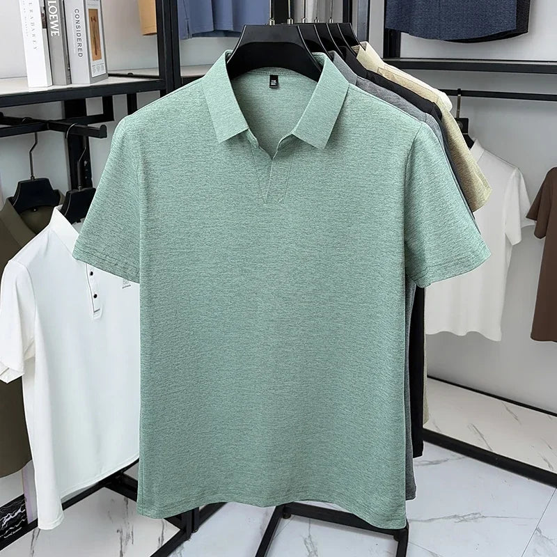 Men's Heather Knit Polo Tee - V-Open Lapel, Anti-Wrinkle Stretch