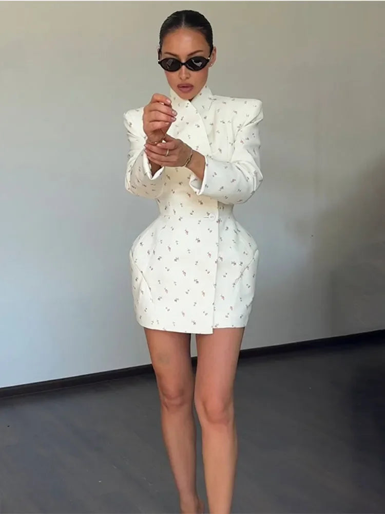 Women Cross Collar Floral Jacket Coats Stand Neck Waist Cinching Single Breasted Pad Shoulder Coats Lady Spring Chic Outwear Top