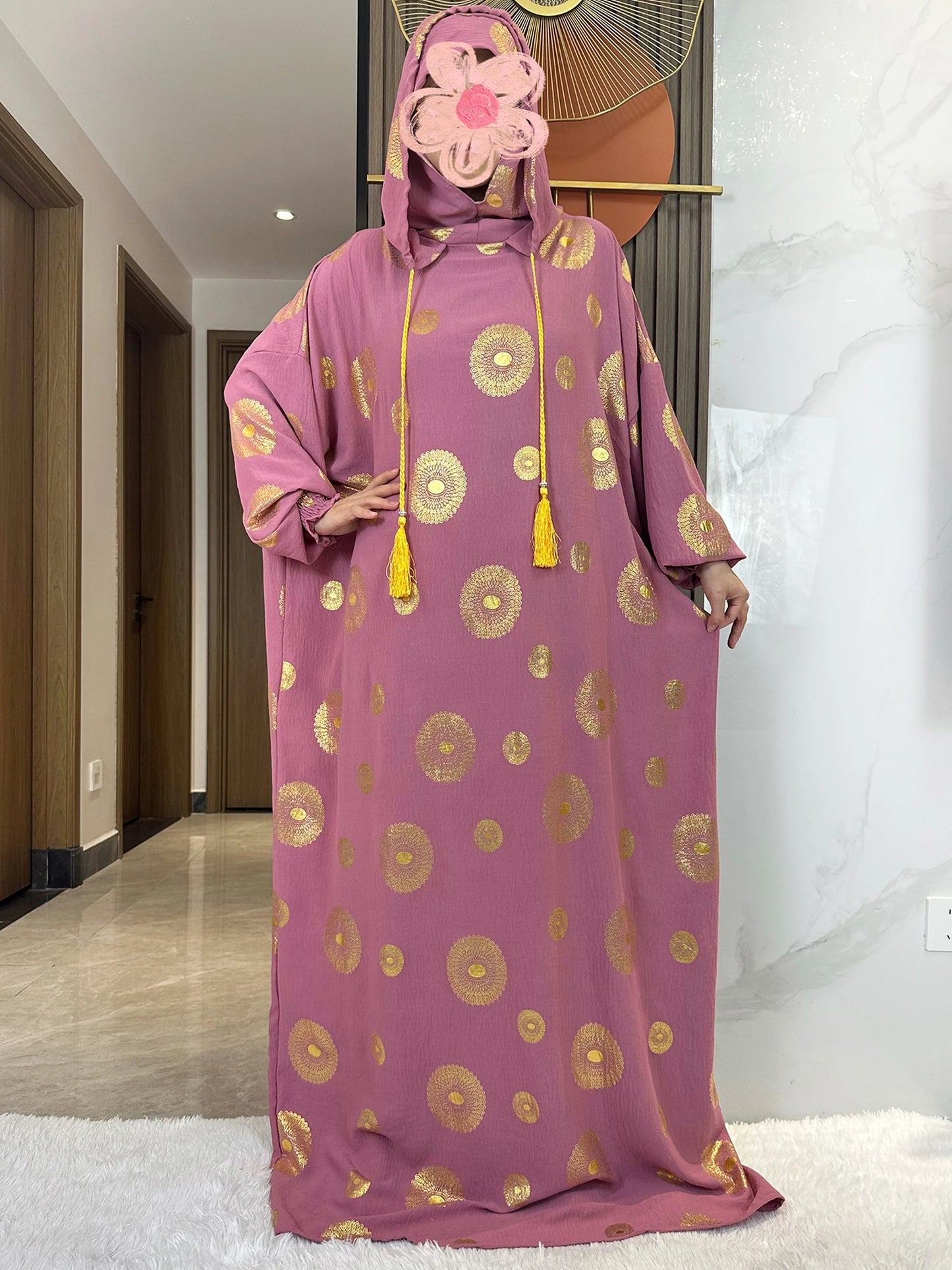 Women's Cotton Embroidered Abaya Kaftan – Gold Dust Shimmer, Loose Fit, All-Season Muslim Dress