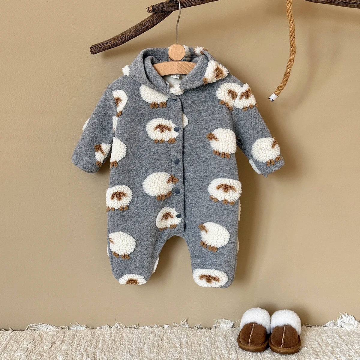 Baby Lamb Embroidered Hooded Romper - Soft Button-Front Onesie - photo 2