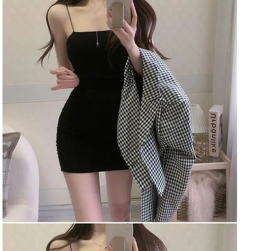 Elegant Solid Sling Sleeveless Type A Sheath Mini Short Dresses Summer New Sexy Slim Toning Arm Covering Dresses