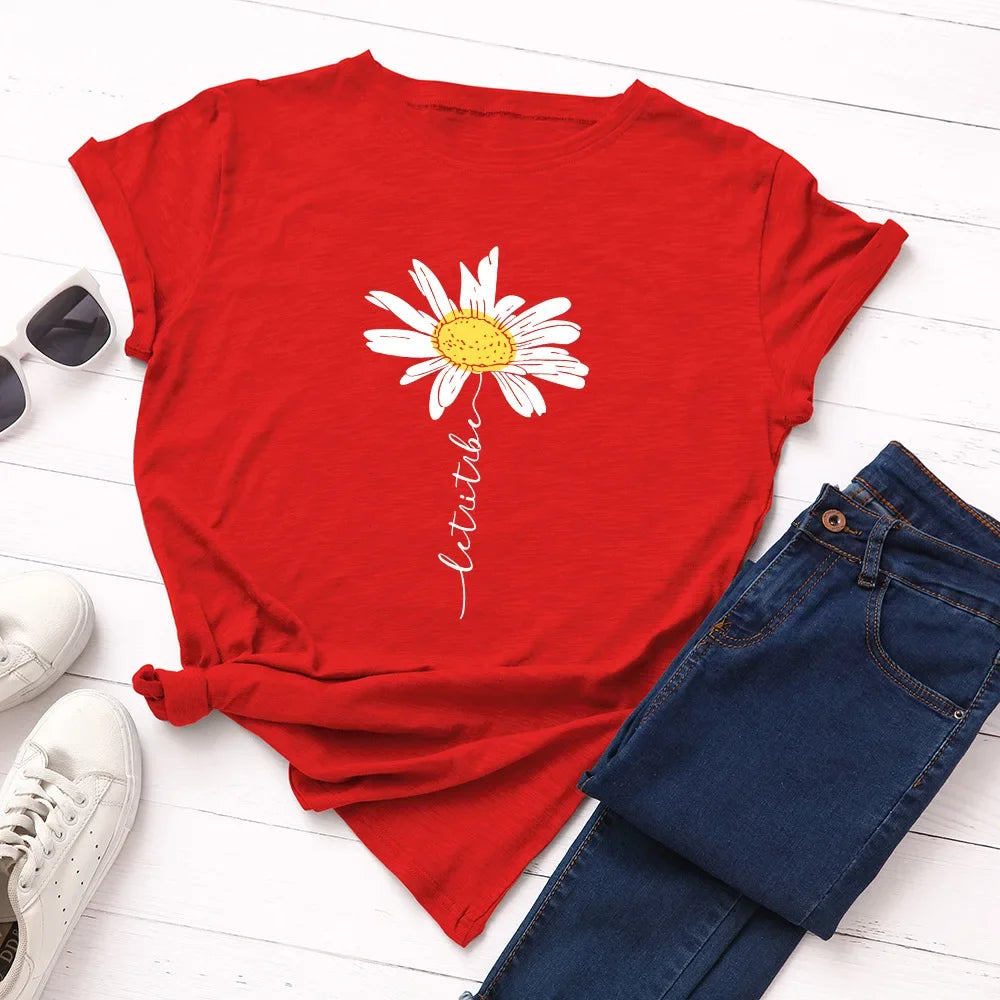 100% Cotton Women T-Shirt 2026 Summer Tshirt Creative Daisies Printed Woman Short Sleeve Tee Tops Female T Shirt