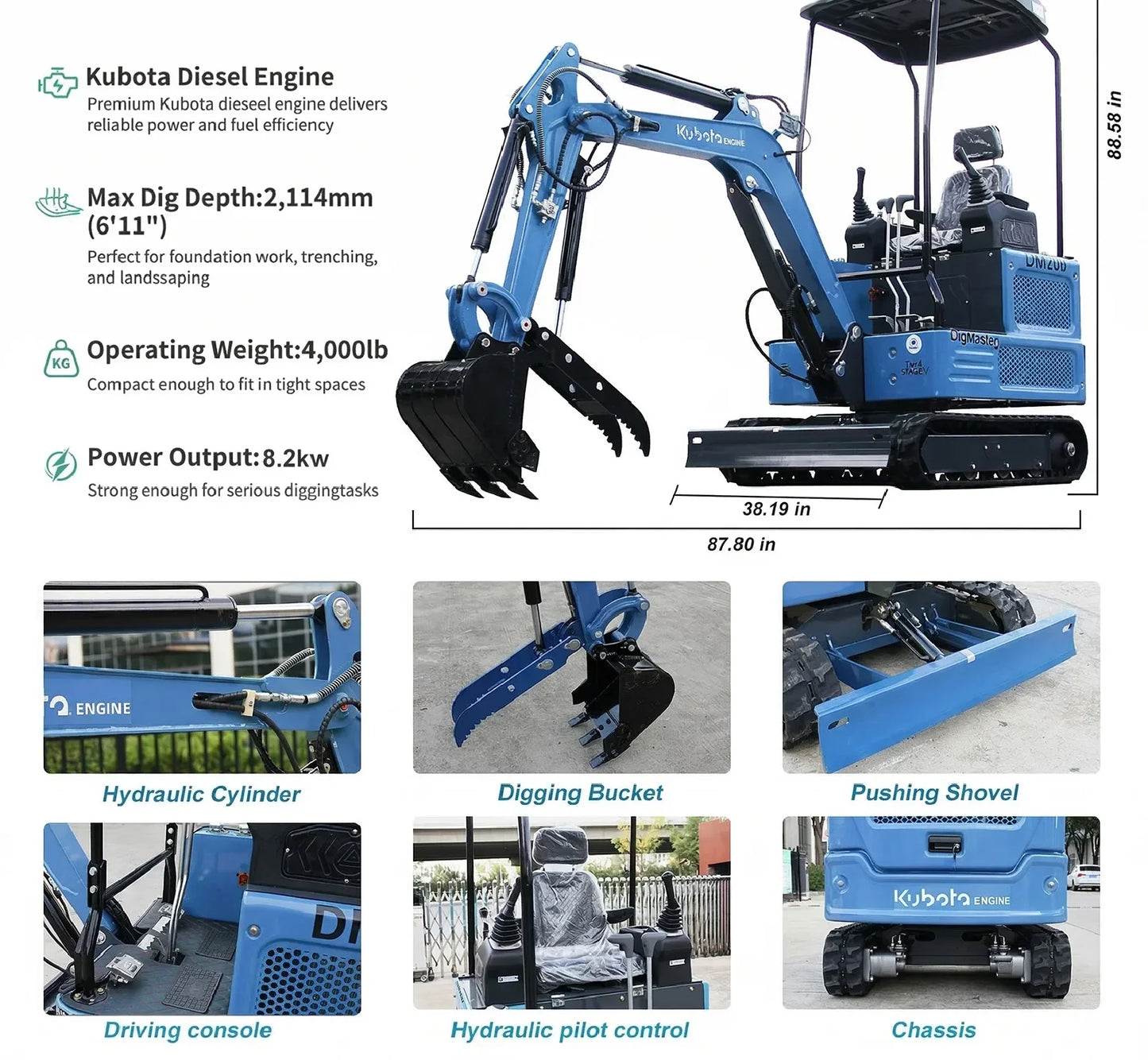 2 Ton Mini Excavator 12HP Kubota Diesel Engine Hydraulic Thumb EPA Certified for Farm,Construction&Landscaping Drilling&Digging