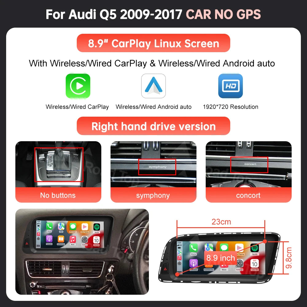 Wireless CarPlay & Android Auto Display Screen, Compatible with Audi Q5 (2009-2017)