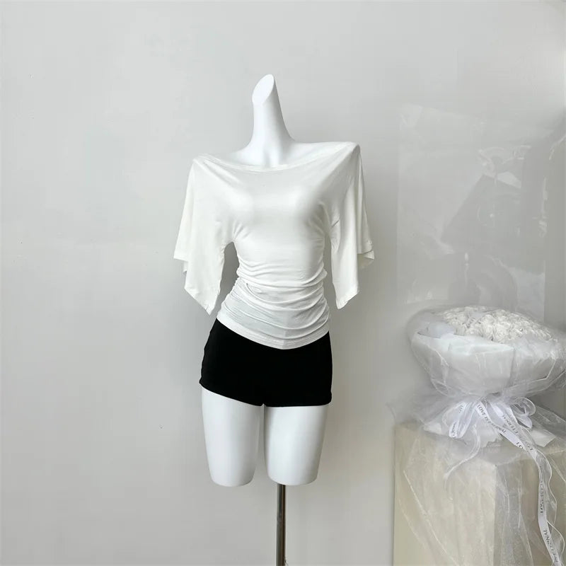 Women's Summer High Stretch Slash Neck Flare Sleeve Slim T Shirt Lady Sexy Pleated Slim Solid Color Pullover Tee Top