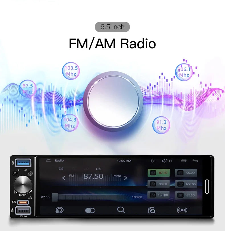 6.5" 1 DIN Universal Car Stereo with Apple CarPlay & Android Auto (MP5)