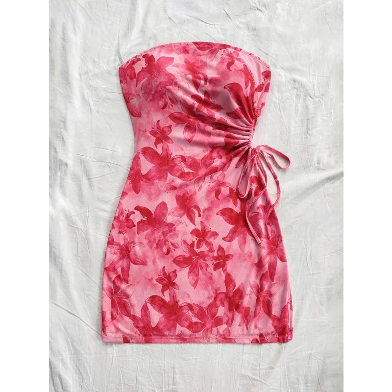 Women's 2026 Floral Print Tube Mini Dress Strapless Backless Party Club Short Ruched Drawstring Bodycon Party Dresses Streetwear