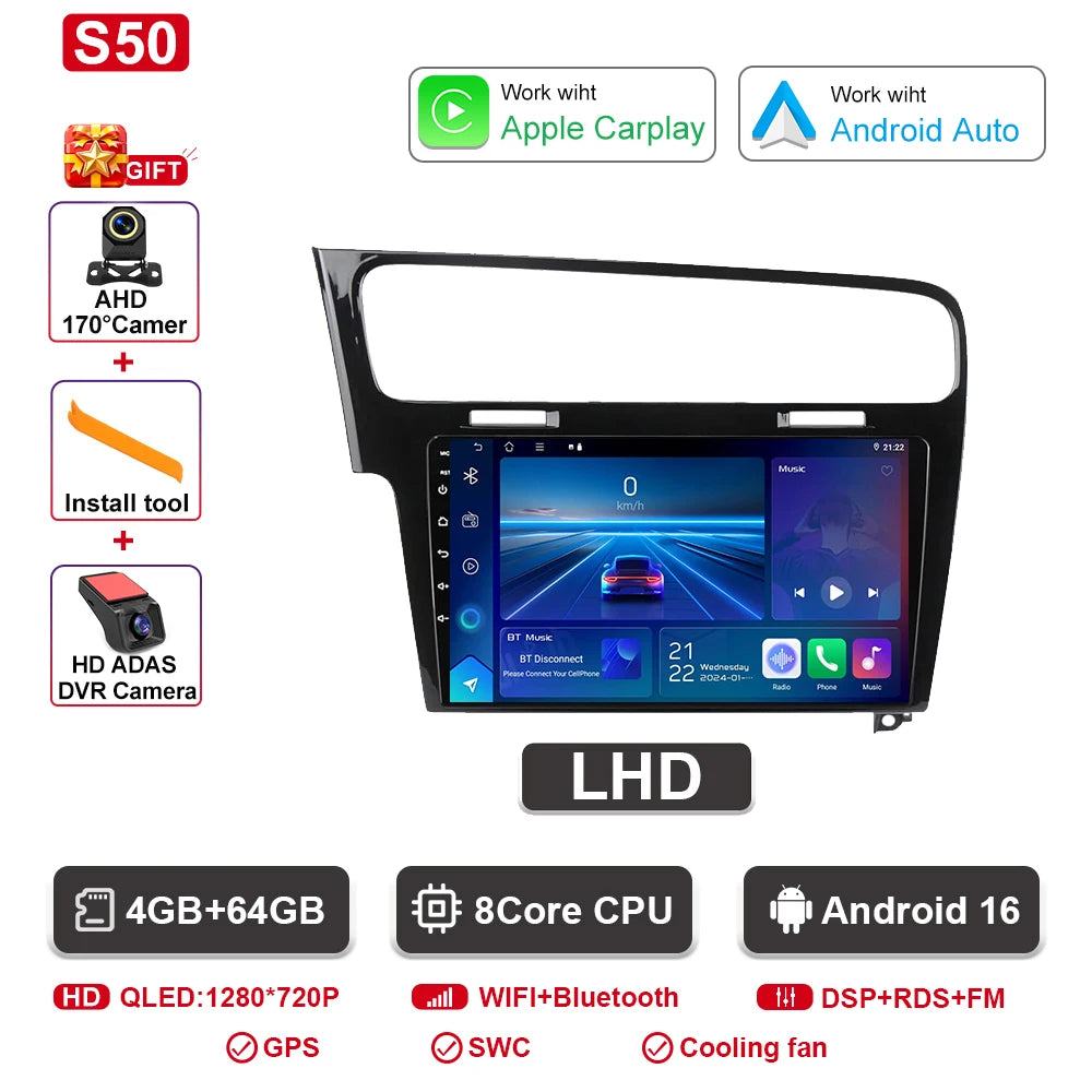 Android Car Stereo for VW Golf 7 MK7 GTI (2012–2021, RHD) — CarPlay, Android Auto, GPS, 2-DIN