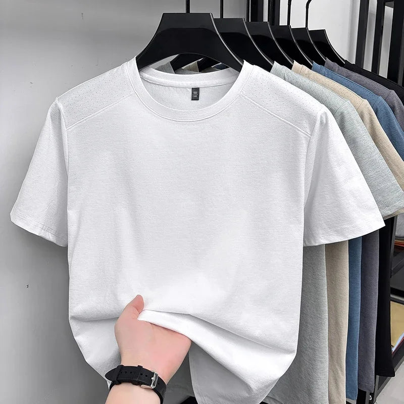 Men's Melange Crew-Neck Tee - Perforated Mesh, Breathable Slim Fit