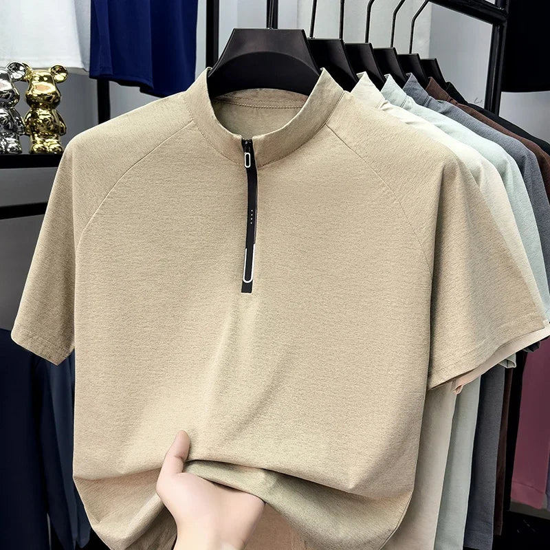 Men's Half-Zip Mandarin Tee - Cool-Touch Raglan, Breathable Knit