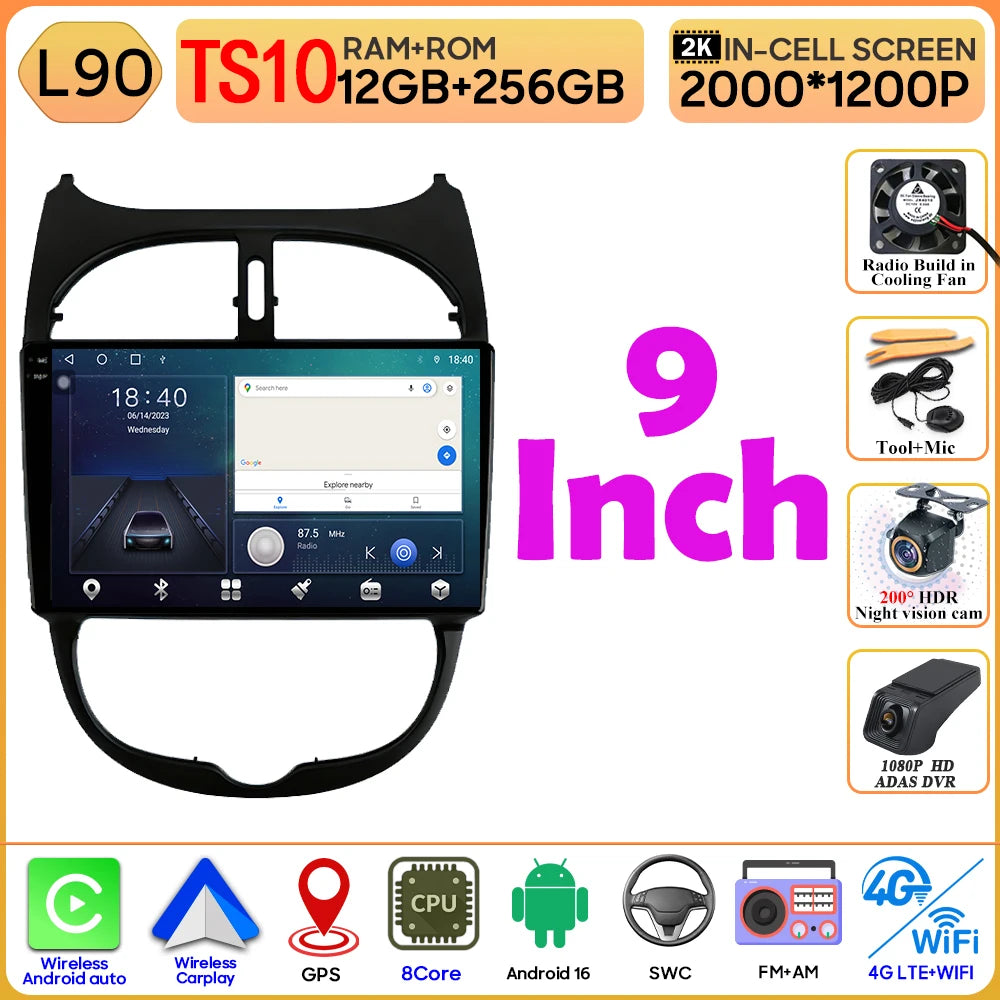 Android 16 Car Radio For Peugeot 206 206CC 1998-2012 Car Stereo Bluetooth 4G Wifi GPS Navigation Screen Wireless Carplay Monitor