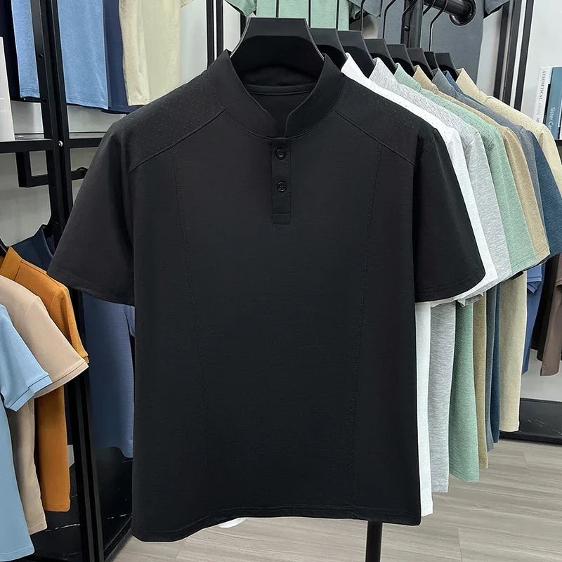 Men's Mandarin Henley Tee - Hollow-Grain Shoulder, Cool Lightweight