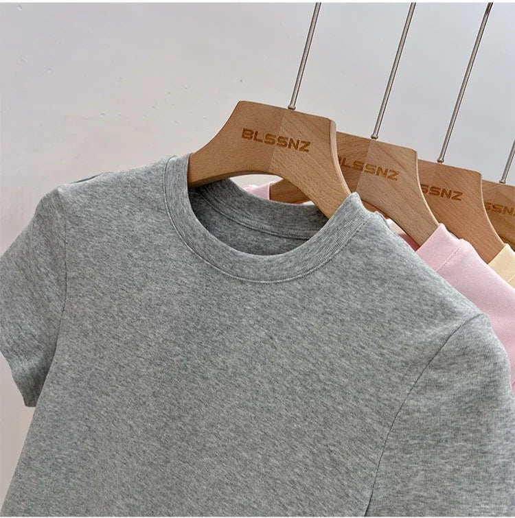 Zjaiss 2026 O-Neck Fashion T-Shirt Summer Sexy Basic Top Solid Short Sleeve Womens Tshirt Casual Korean Tee Streetwear