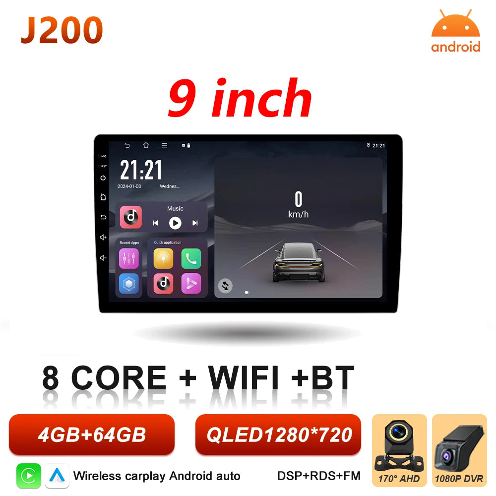Universal 2-DIN Android Car Stereo (9"/10") — CarPlay, Android Auto, GPS, QLED Screen, WiFi, Bluetooth