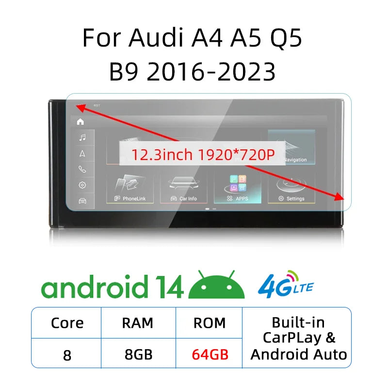 12.3" Car Stereo with Apple CarPlay & Android Auto, Compatible with Audi A4 A5 Q5 B9 (2016-2023)