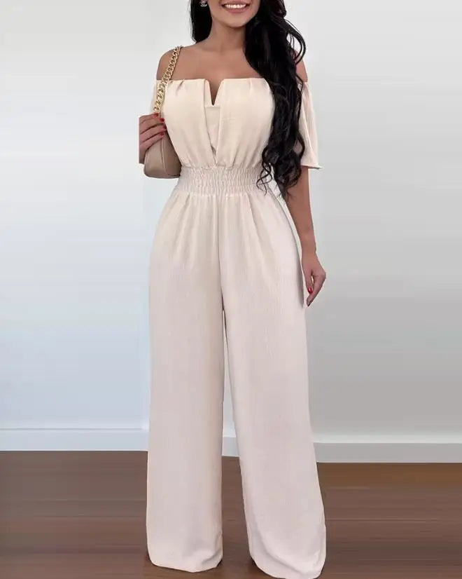 Jumpsuits for Women 2026 Spring Fashion Off Shoulder Casual Plain Short Sleeve Shirred Waist Daily Long Wide Leg Jumpsuit 2026