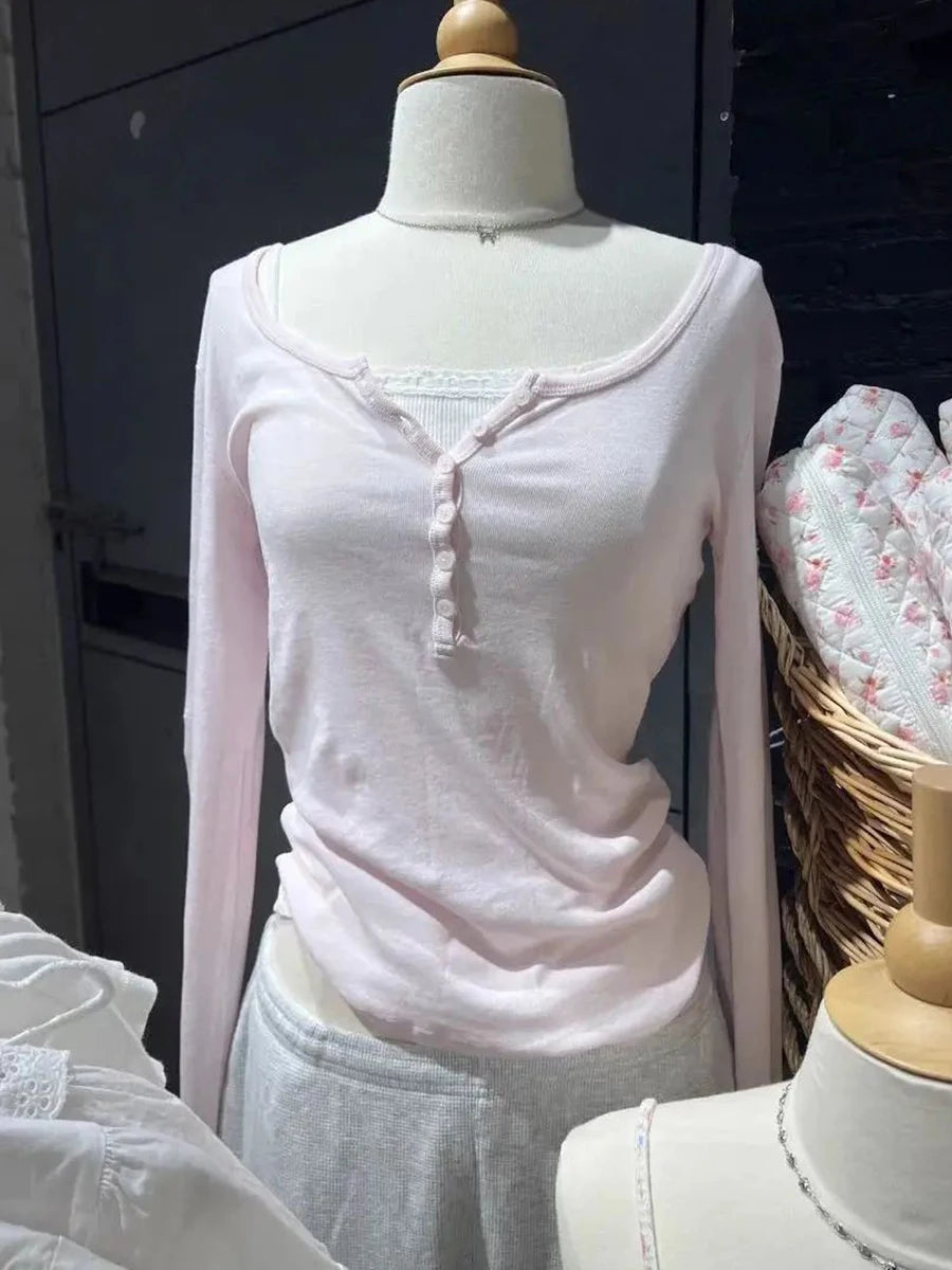 Women's Ribbed Long-Sleeve Top — Six-Button Slim Round-Neck Y2K Tee