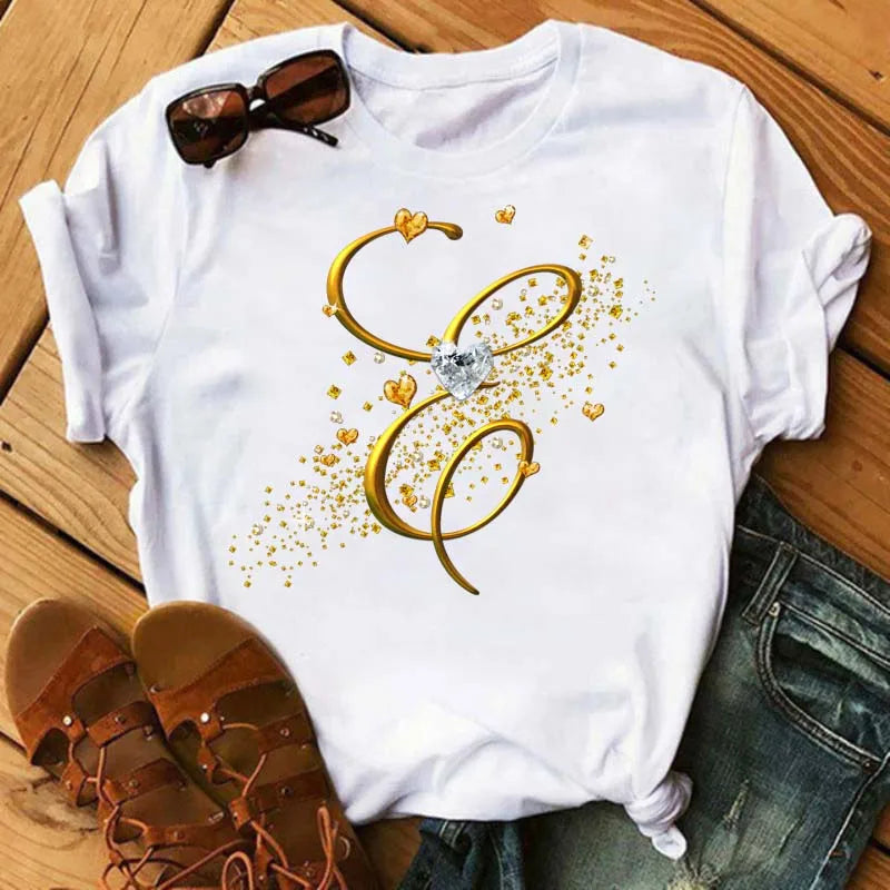 Women's Personalized Letter Graphic Tee — Gold Diamond-Font Monogram Short-Sleeve Top