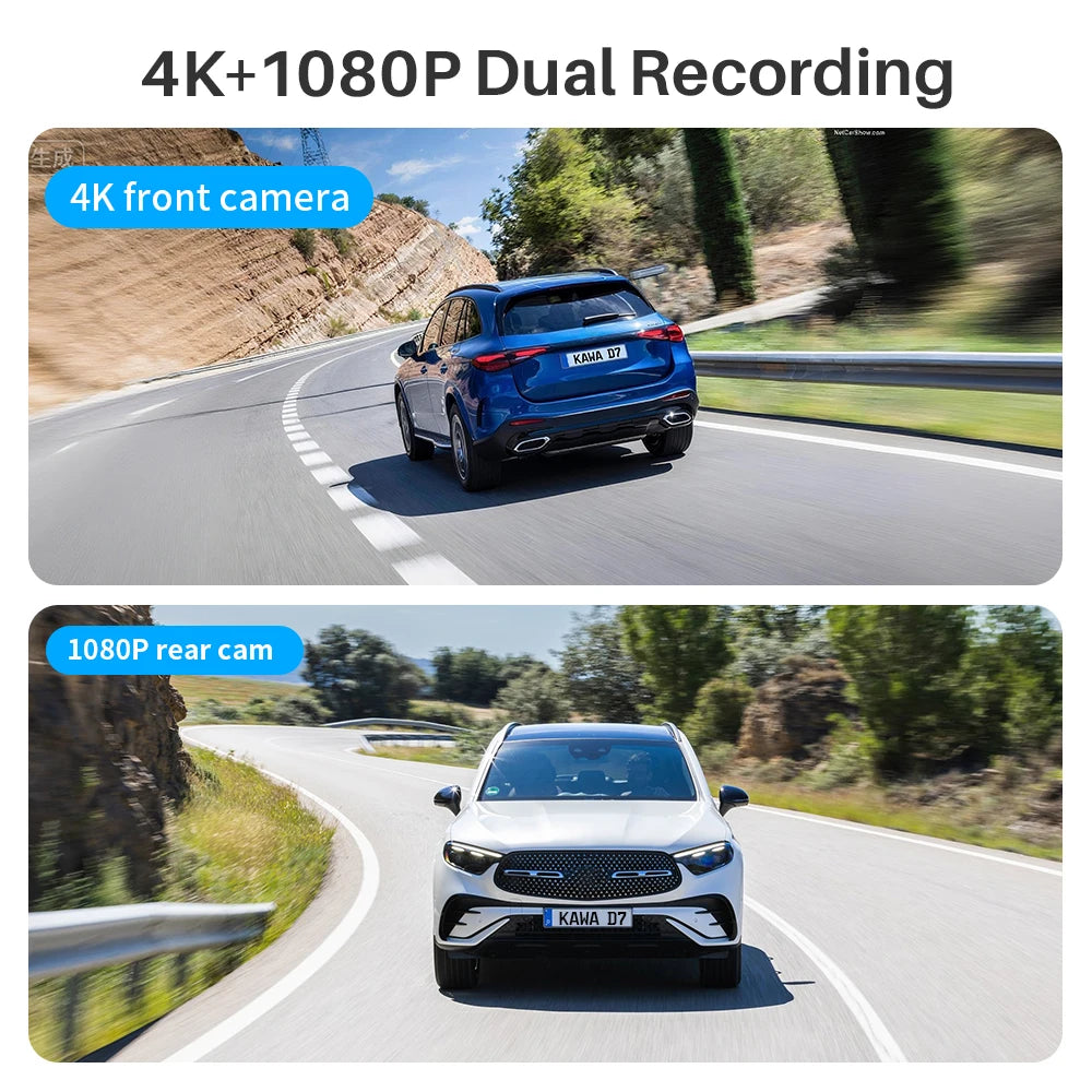 4K Front and Rear Dash cam KAWA D7,Video Recorder 4K WiFi6 Car Camera,DVR Tiny Rear Camera for AUTO,APP/Voice Control Dashcam