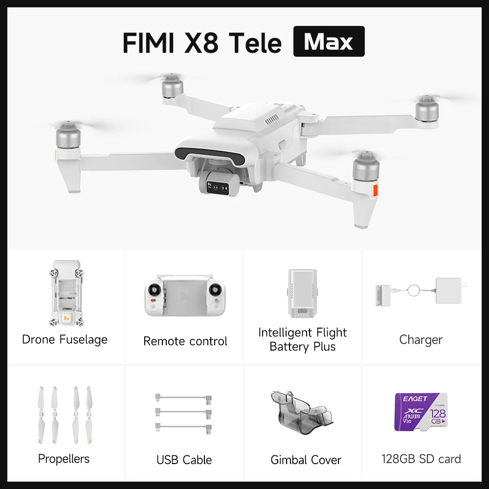 FIMI X8 Tele Max drone 20KM range with Wide-Angle Tele Camera 30x Hybrid Zoom 4K 60fps 3-axis Gimbal GPS AI Super Night Video